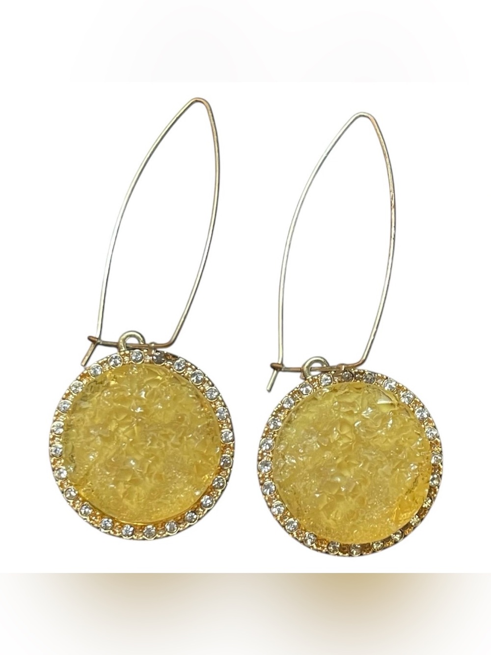 Dangle Drop Textured Yellow Druzy Baltic Amber Bordered Halo Crystals Earrings